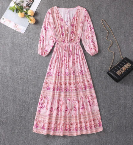 V-neck High Waist Bohemian Mid-length A-line Dress