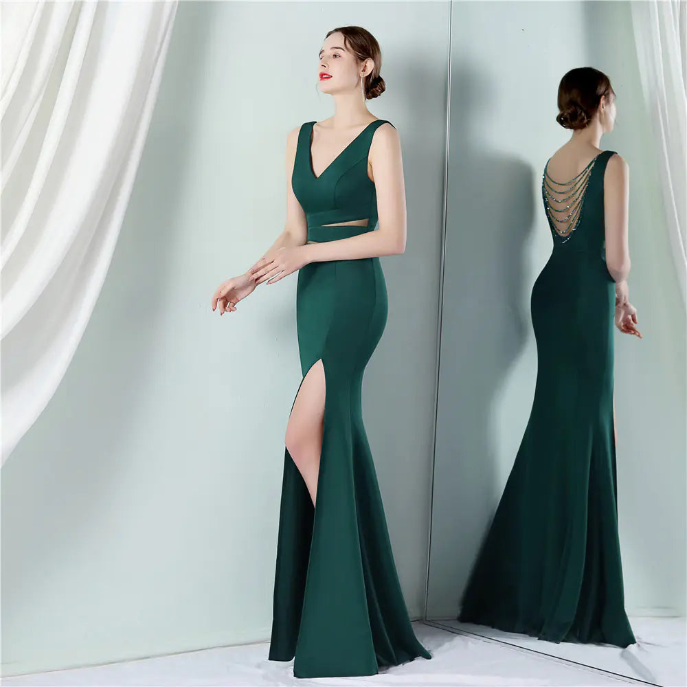 YIDINGZS Green Backless Beaded V Neck Evening Dress