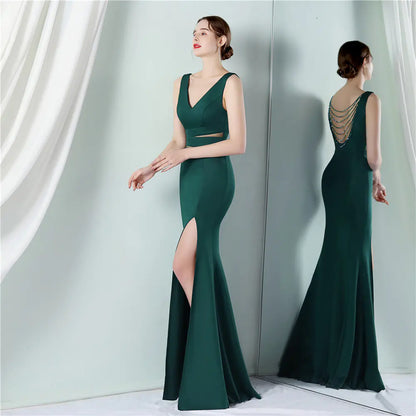 YIDINGZS Green Backless Beaded V Neck Evening Dress