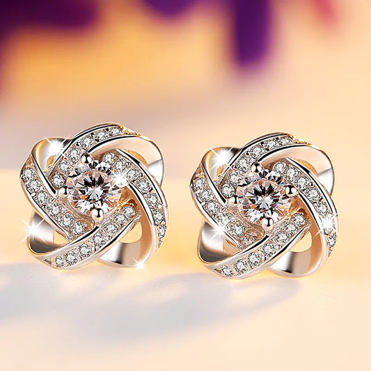S925 Silver Flower Stud Earrings with Diamonds