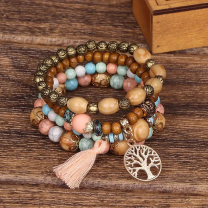 Boho Wooden Beaded Bracelet Set with Tree of Life Charm