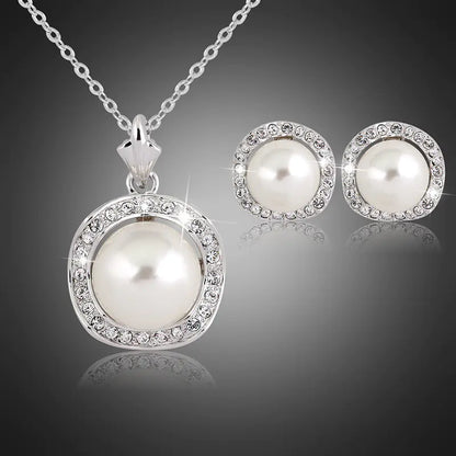 Bridal Rhinestone Pearl Necklace Earring Set
