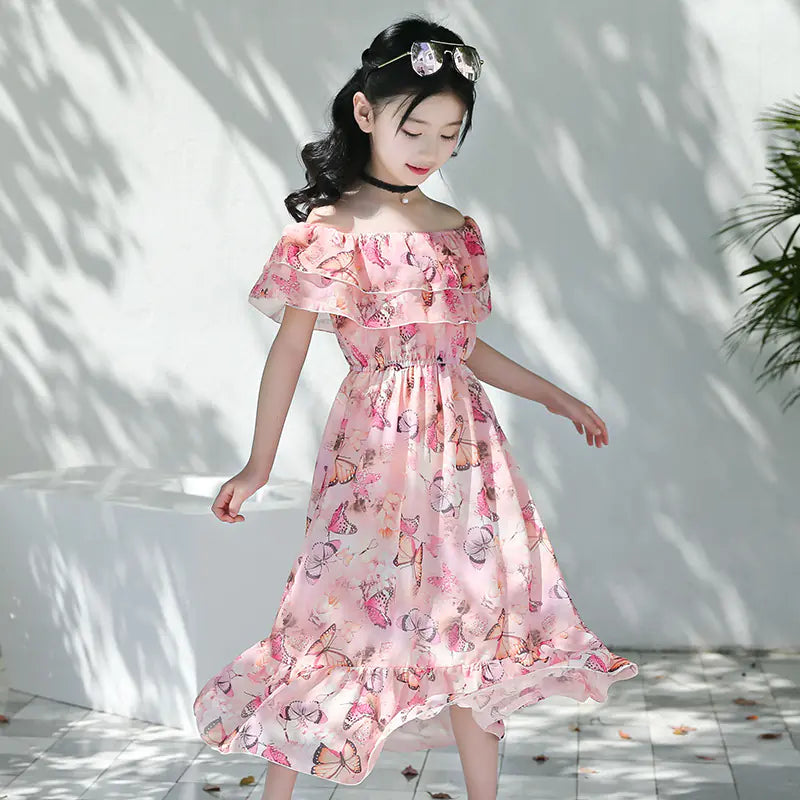 Thai Style Beach Dress for Girls - Summer Floral Chiffon sizes ranging from 120cm to 160cm