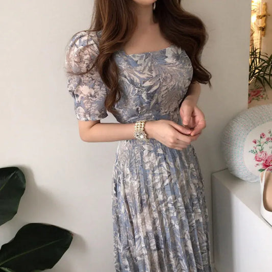Korean Chic French Style Floral Chiffon Midi Dress
