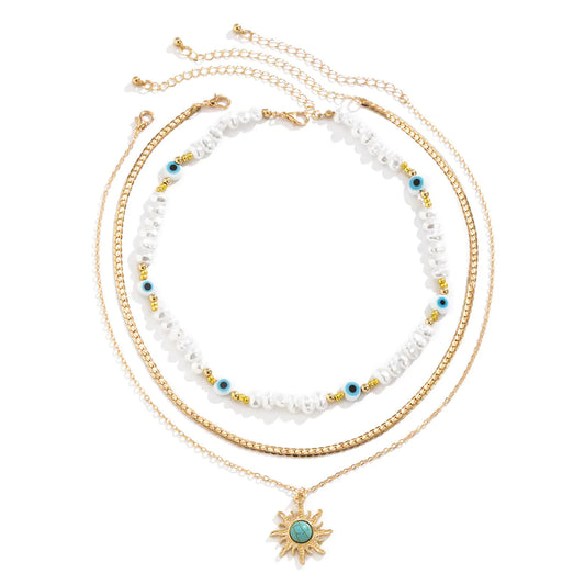 3pcs Vintage Baroque Pearl Sun Pendant Necklace Set