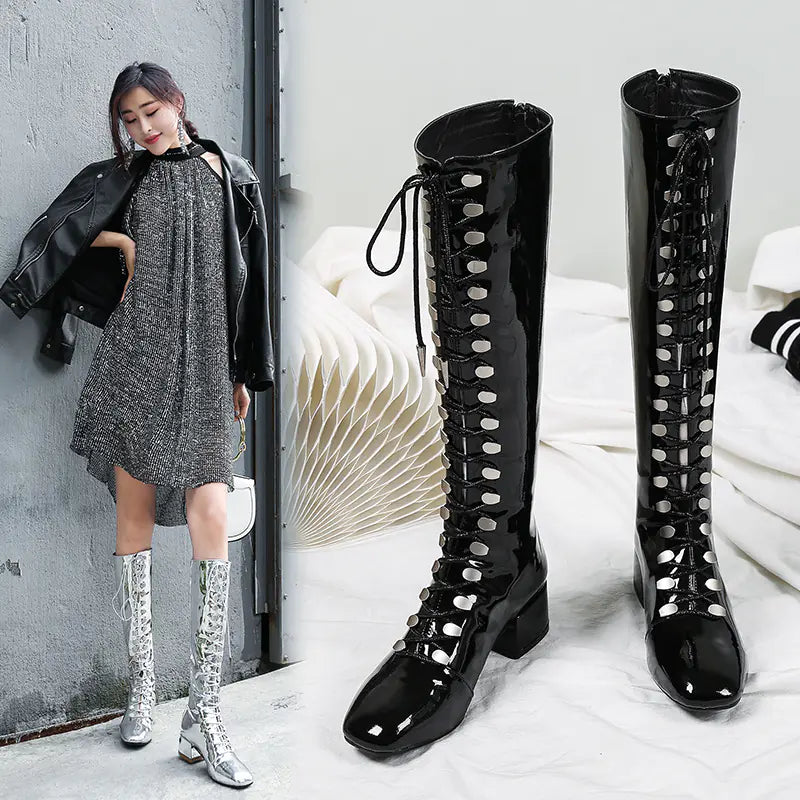 Mirror Patent Leather Silver Mid-Calf Chunky Heel Boots