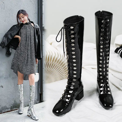 Mirror Patent Leather Silver Mid-Calf Chunky Heel Boots