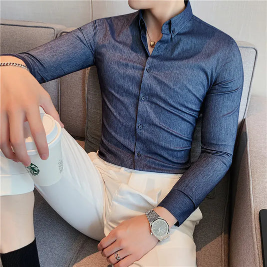 Men's Slim Fit Long Sleeve Shirt with Stretch Fabric
