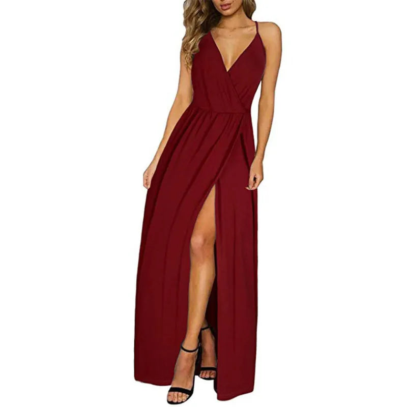 Solid color V-neck strap dress