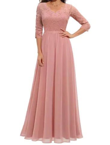 Lace Edge Chiffon Patchwork Long Dress sizes S, M, L, and XL