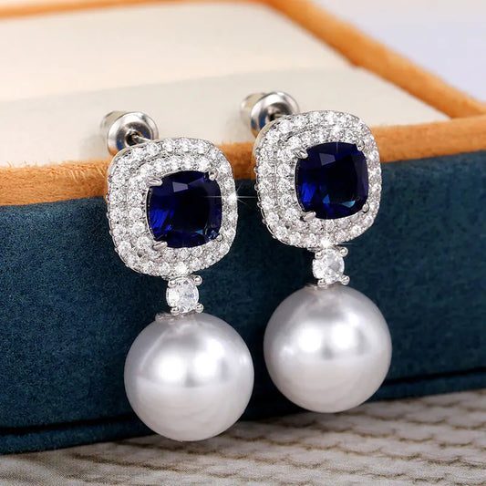 Elegant Pearl Earrings with Blue Zirconia Inlay