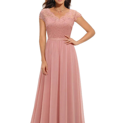 Lace Edge Chiffon Patchwork Long Dress sizes S, M, L, and XL