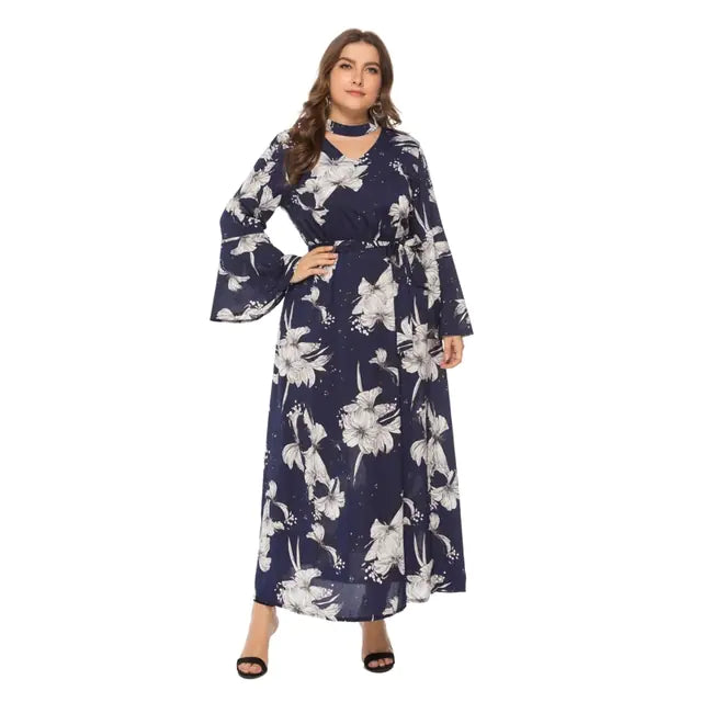 Plus Size Boho Floral Maxi Dress with Choker Neckline