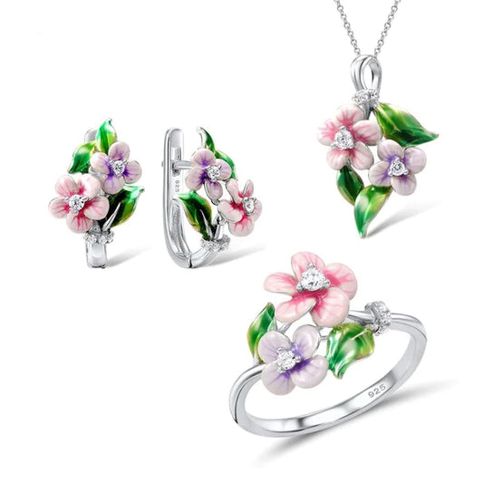 Floral Enamel Pendant Earrings and Ring Set
