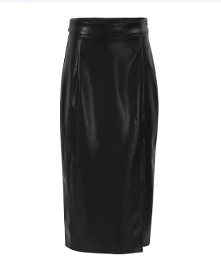 High Waist Slit Leather Mid-Length Sexy Skirt