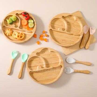 Children's Suction Bamboo Divided Plate with Spoon & Fork