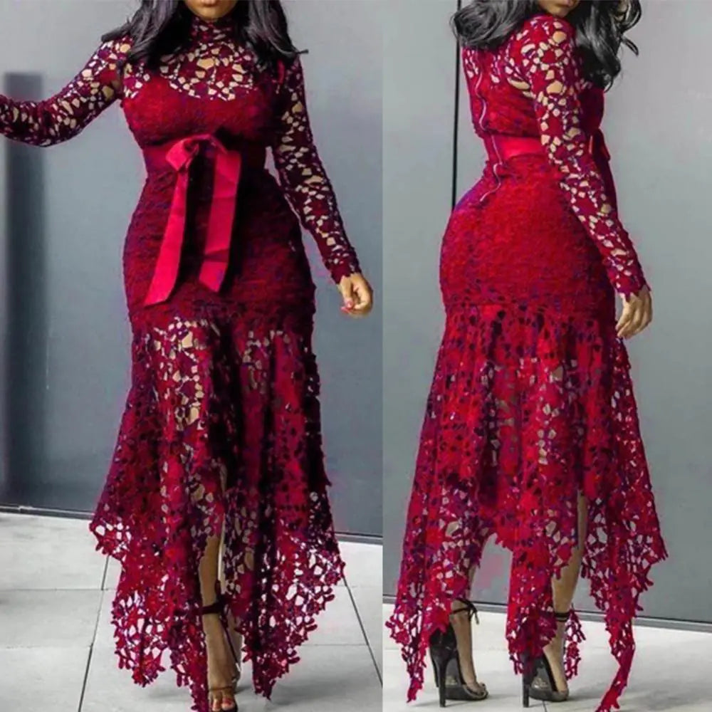 Sexy Long Sleeve Bodycon Dress with Bow and Lace Details