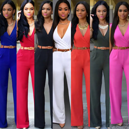 High-Waisted V-Neck Wide-Leg Pants with Belt Set