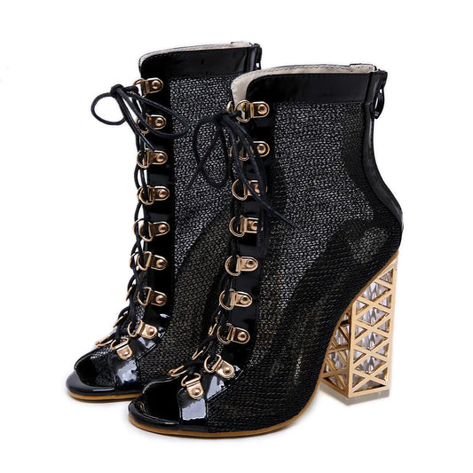 Crystal Chunky Heel Open-Toe Sandals with Cross Straps