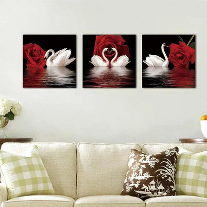 3pcs Canvas Posters - Romantic Swans & Red Roses Art