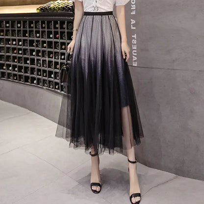 Gradient Tulle Midi Skirt, High-Waisted Flowing Design
