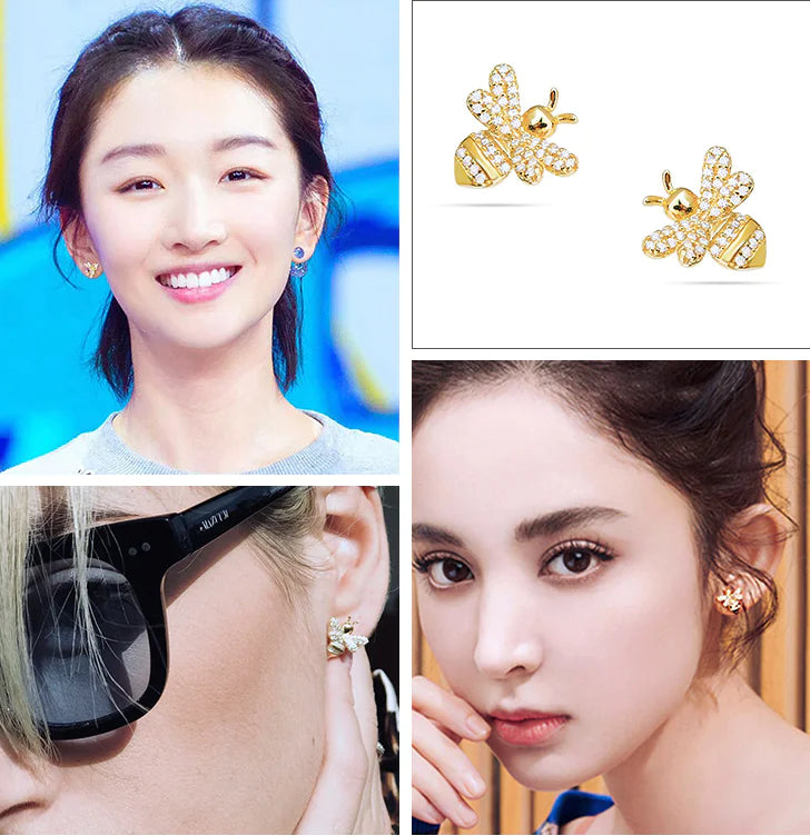 S925 Silver Bee Stud Earrings with Zirconia Stones