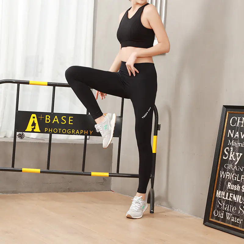 Ladies' High Stretch Breathable Running Letter Leggings  colors including Black, Dark Blue, Red Bean Paste, Coffee Purple, and Navy Blue,