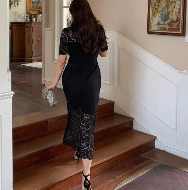 Lace Bodycon Dress with Floral Trim Details