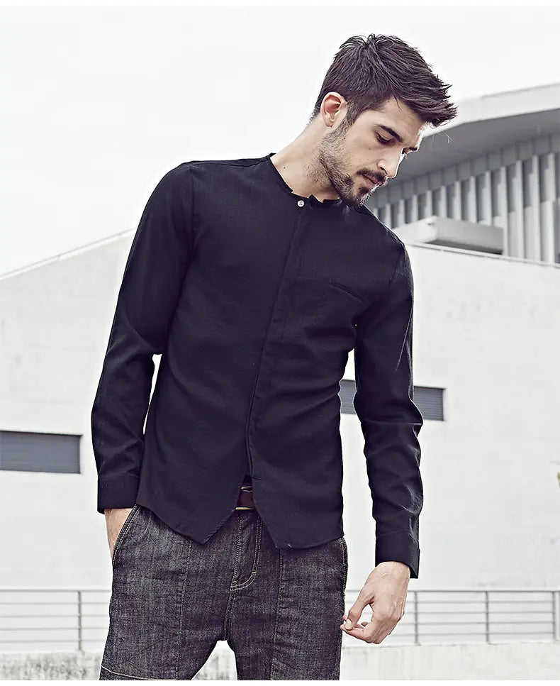 Men's Casual Long Sleeve Slim Fit Cotton Linen Shirt