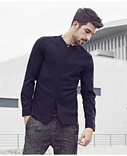 Men's Casual Long Sleeve Slim Fit Cotton Linen Shirt