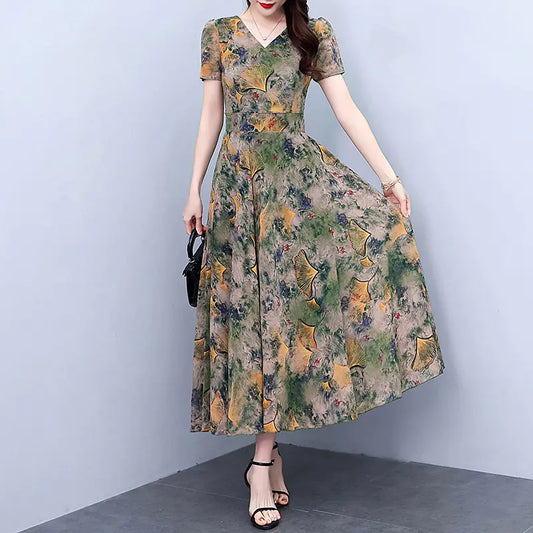 Plus Size Chiffon Floral Dress for Spring and Autumn sizes L, M, and XL,