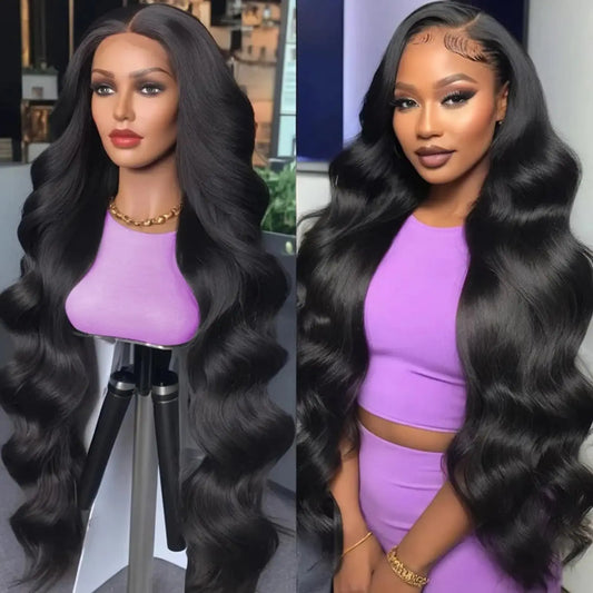 UYGLJK 34 Zoll Body Wave Lace Front Perücken Echthaar 200% Dichte 13x6 HD Lace Frontal Perücken Echthaar Vorgezupft Kleberfreie Echthaarperücke für Frauen Natürliche Farbe