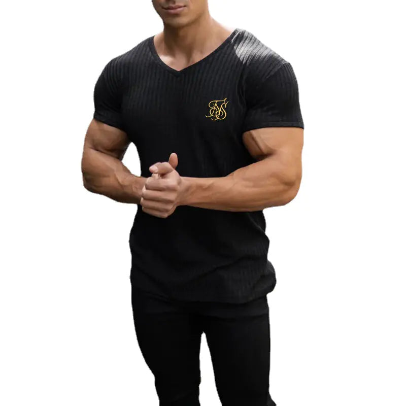 Men's Summer Athletic Slim Fit V-Neck T-Shirt with Logo