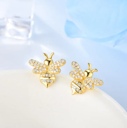 S925 Silver Bee Stud Earrings with Zirconia Stones
