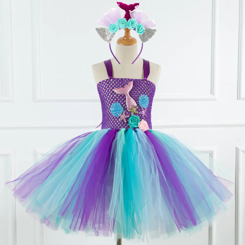 Mermaid Girls Princess Dress with Net Yarn Design  for girls aged 3 to 12 years,