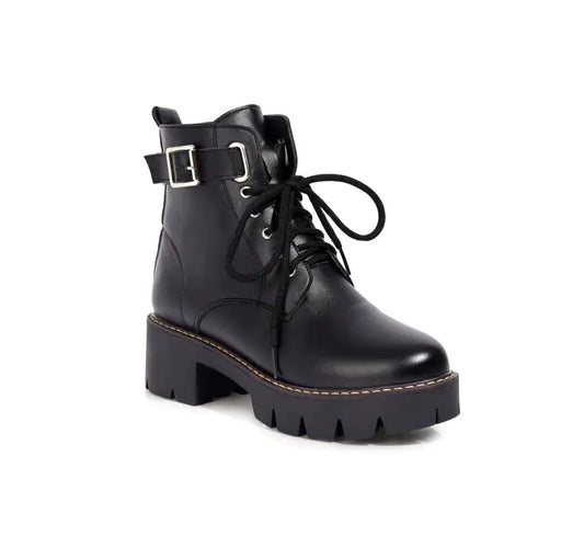 Handsome Martin Boots with Belt Buckle and Mid Heel
