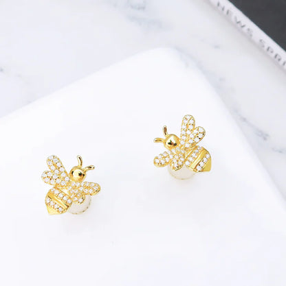 S925 Silver Bee Stud Earrings with Zirconia Stones