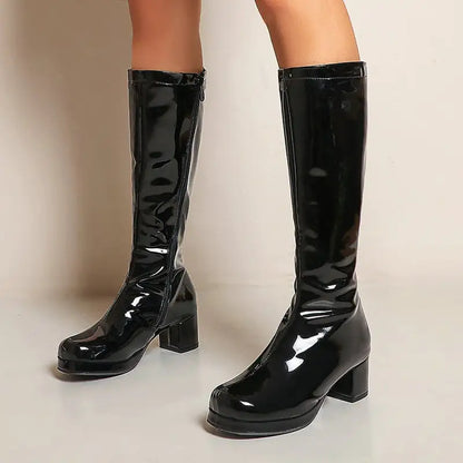 Chunky Heel Patent Leather Mid Calf Women's Boots
