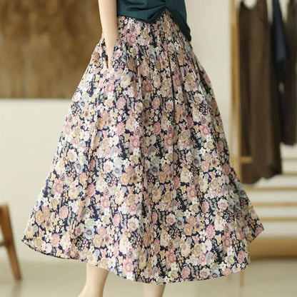 High Waist Retro Floral A-Line Loose Skirt