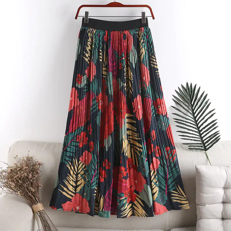 High Waist Floral A-line Chiffon Pleated Skirt
