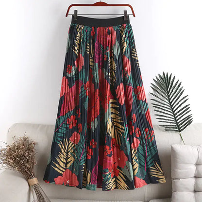 High Waist Floral A-line Chiffon Pleated Skirt