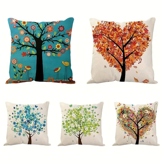 Linen Cartoon Tree Printed Throw Pillow Cover 17.72"