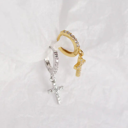 S925 Silver Geometric Cross Diamond Hoop Earrings