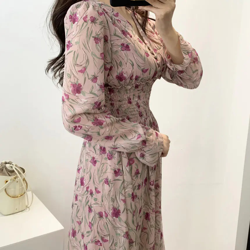 Sweet V-Neck Long Sleeve Floral Chiffon Dress