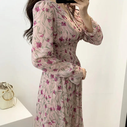 Sweet V-Neck Long Sleeve Floral Chiffon Dress