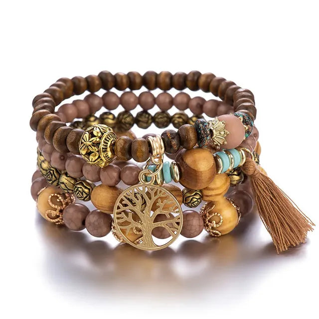 Boho Wooden Beaded Bracelet Set with Tree of Life Charm