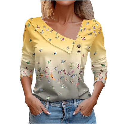 Women's Long Sleeve V-Neck Sunflower Print Top
