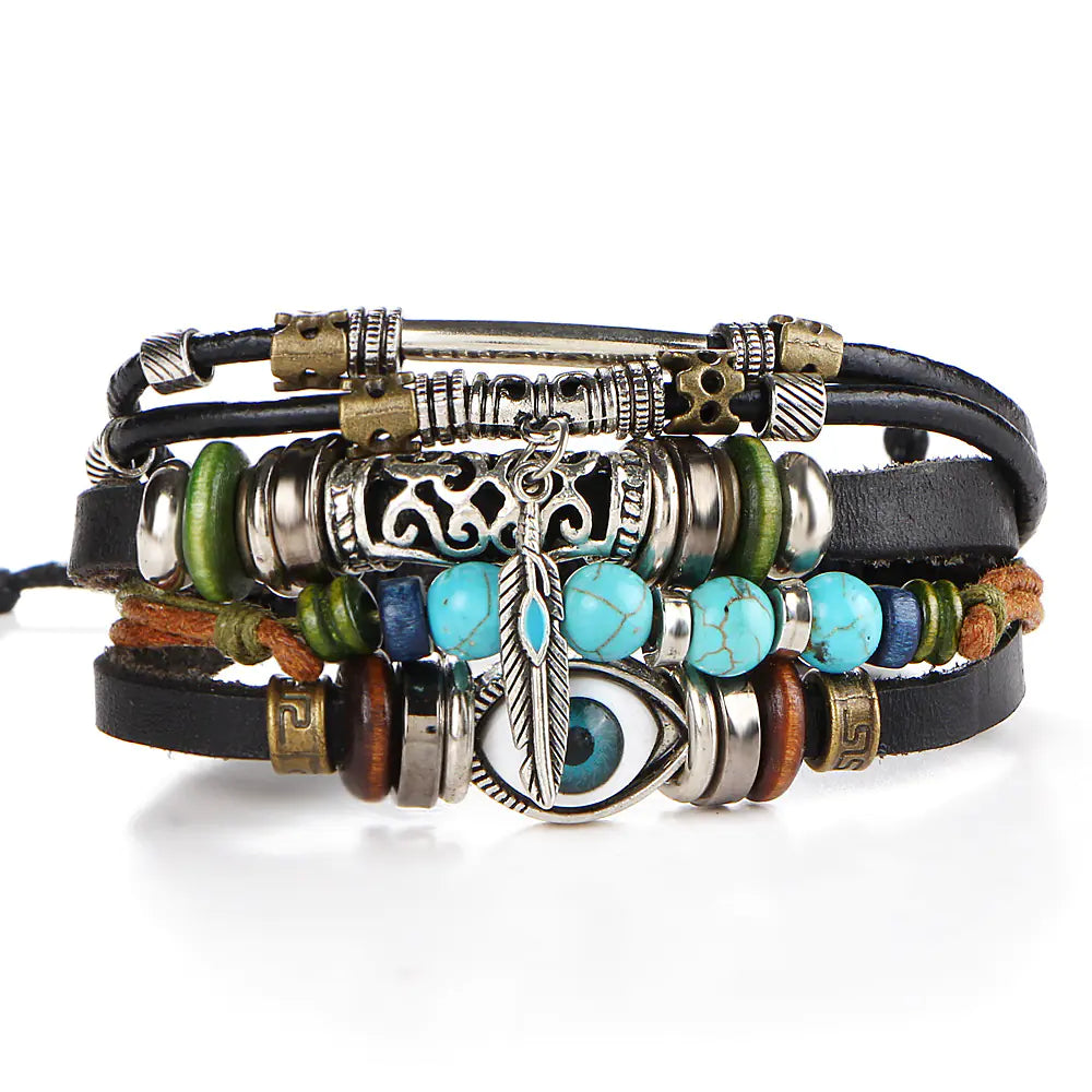 Boho Multilayer Leather Bracelets with Fish Charm Set