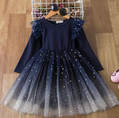 Gradient Starry Sky Long-Sleeved Princess Dress  sizes ranging from 110cm to 150cm,