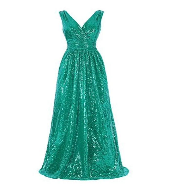 V-Neck Slimming Long Sequin Evening Dress
